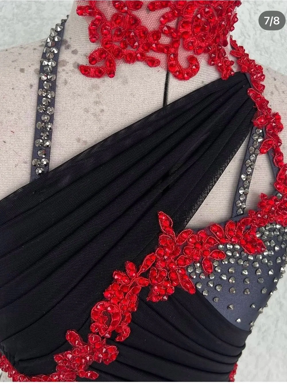 Black, Gray and Red One-Piece Dance Costume with Crystal Accents
